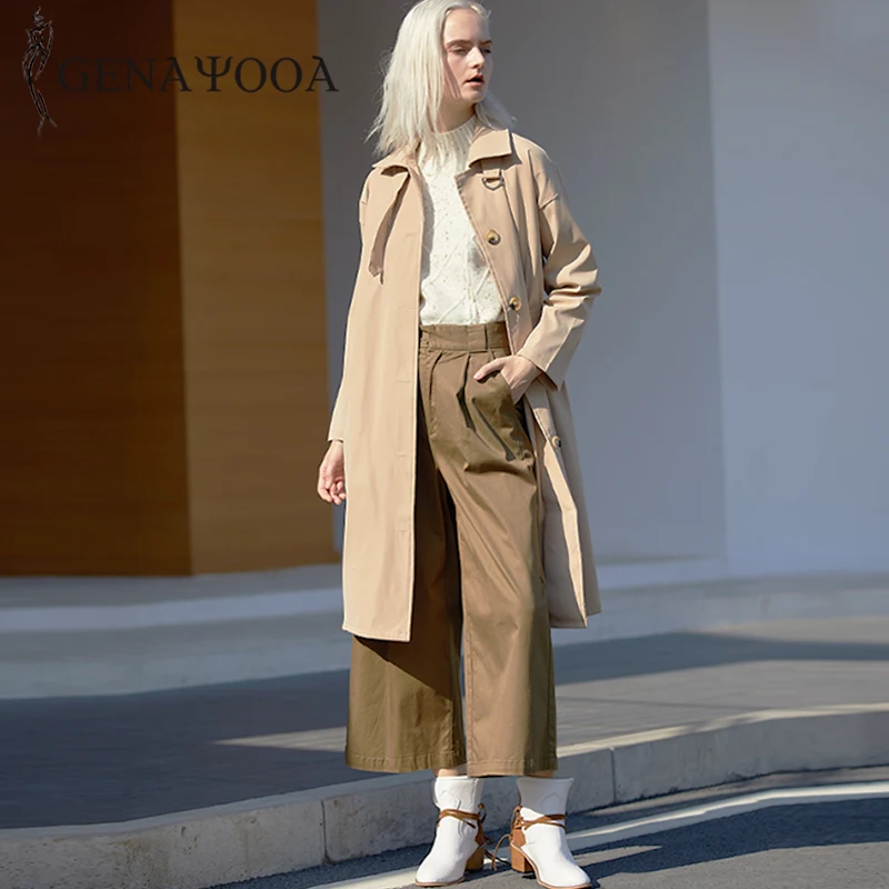 Genayua, высококачественное пальто для женщин, повседневный Тренч, длинное пальто, уличная одежда, однобортное пальто, женская ветровка