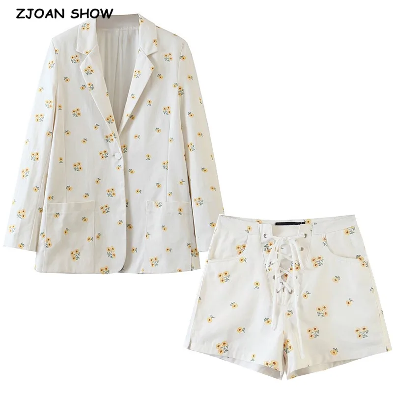 

Boyfriend style Embroidery Flower Mid Long Women Blazer High Waist Lacing up Shorts Short Pants Long Sleeve Suits 2 Pieces Set