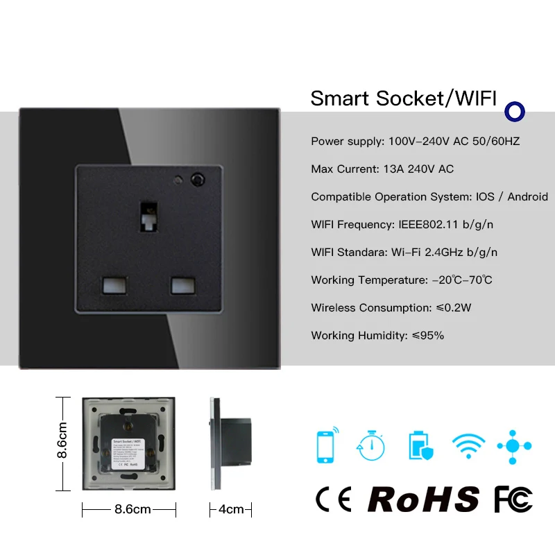 Умная настенная розетка 13A Wi Fi стеклянная панель управление через приложение Smart