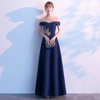 

Maxi Evening Party Dresses For Women Gold Appliques Luxury Chinese Modern Qipap Dress Lace Patchwork Rhinestone Vestido De Festa