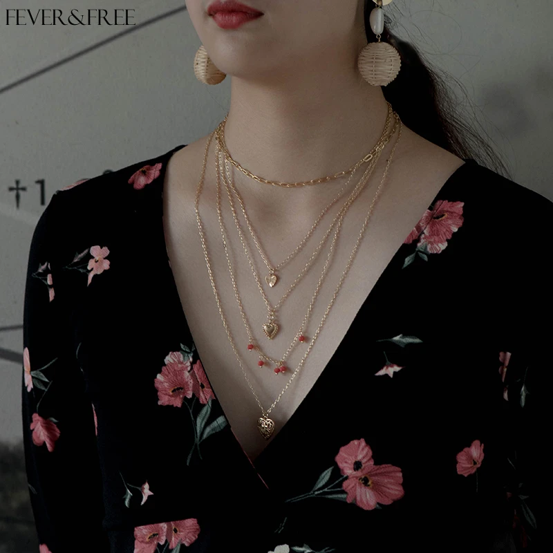 

Fever&Free Multi Layer Heart Necklaces For Women Simple Temperament Red Beads Pendant Choker Necklaces For Female Wedding Collar