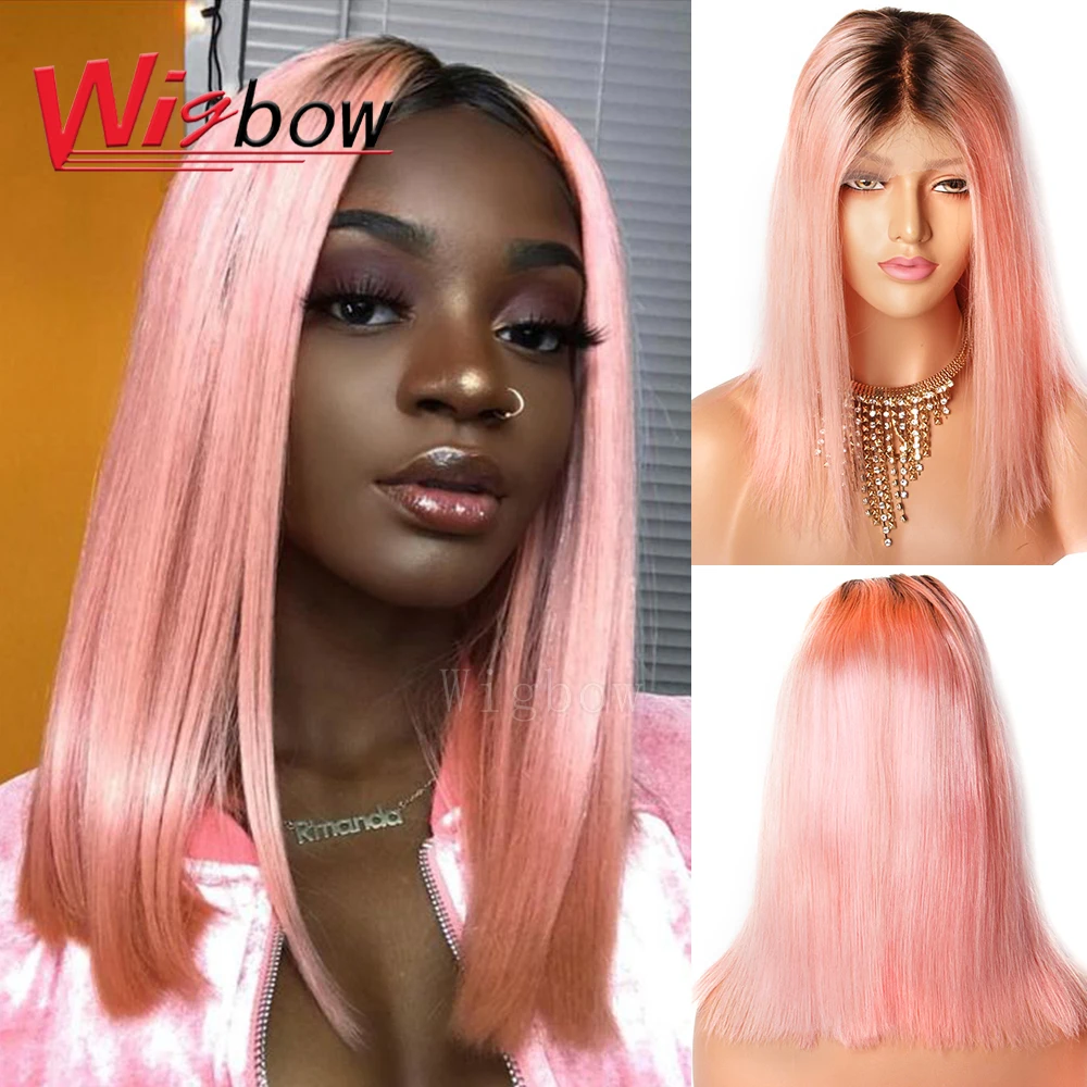 

Brazilian Remy 1B Pink Lace Front Human Hair Wigs 150% Density Short Straight Wigbow Hair 8-14 inch Ombre Wig With Baby Hair