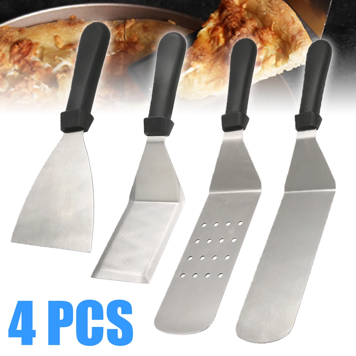  4pcs Stainless Steel Scraper Shovel Cooking Utensils Hamburger Meat Pancake Wooden Handle Spatula K