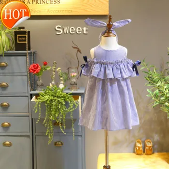 

Summer Girl Dress Ruffles Off Shoulder Children Blue Striped Kids es for Girls Fashion Clothing