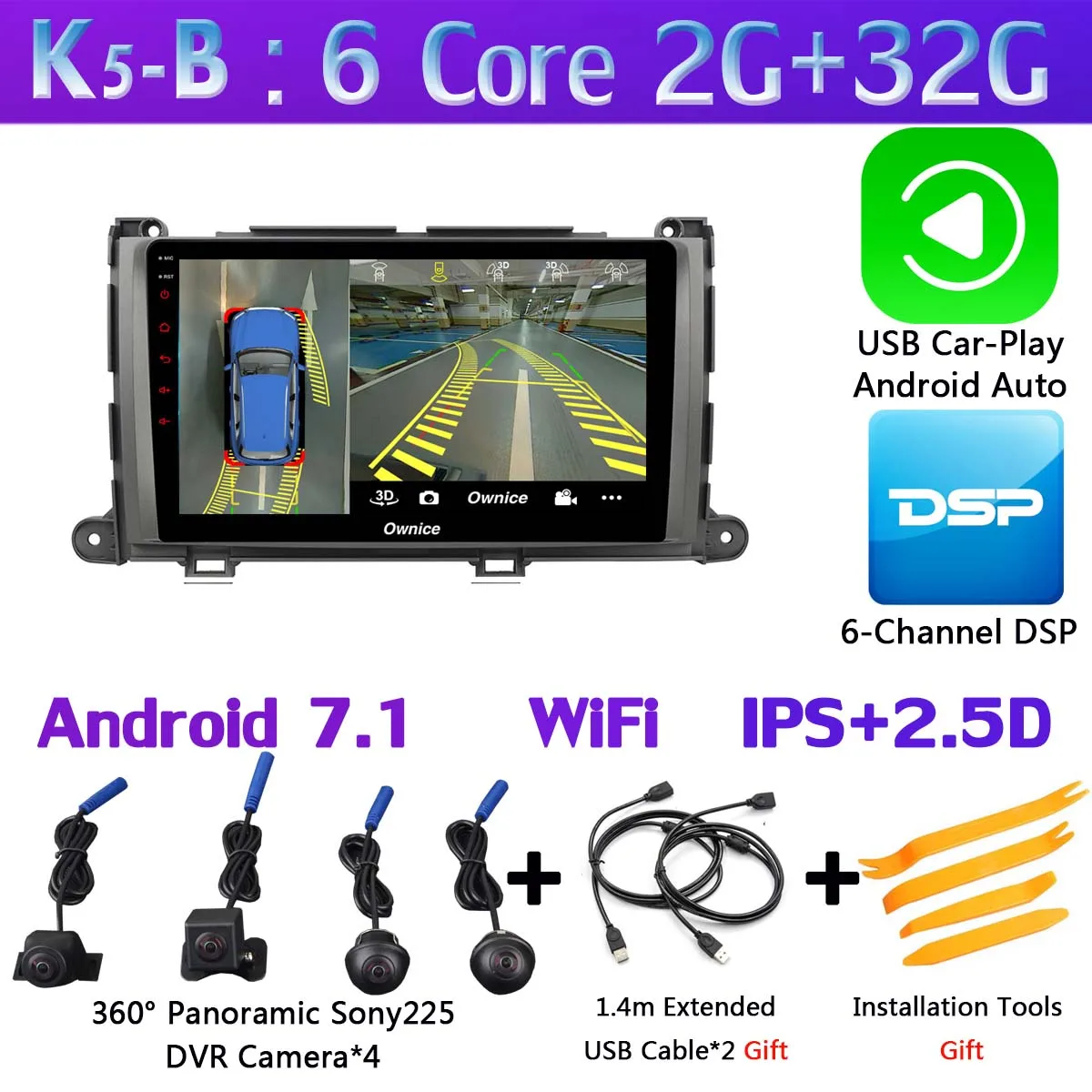 360 ° панорамный 4G SIM 8Core 4G+ 64G Android 9,0 автомобильный мультимедийный плеер радио для Toyota Sienna 2011 2012 2013 gps DSP CarPlay - Цвет: K5-B-CarPlay