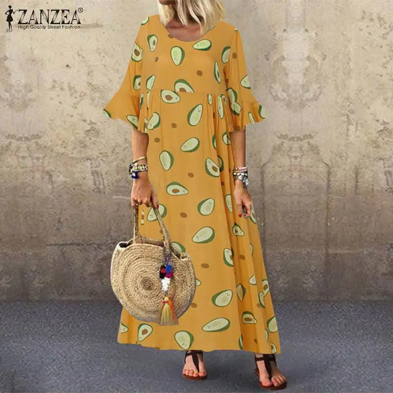 Летнее женское платье ZANZEA, повседневное, с расклешенными рукавами, модное, с принтом авокадо, макси, сарафан, Vestidos, женские, с круглым вырезом, вечерние, 5XL