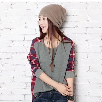 

Women Plaid Patchwork Tshirt Spring Loose Casual Stitching Color Long Sleeve Pullover Female Sweatshirt femme O-Neck Blusa