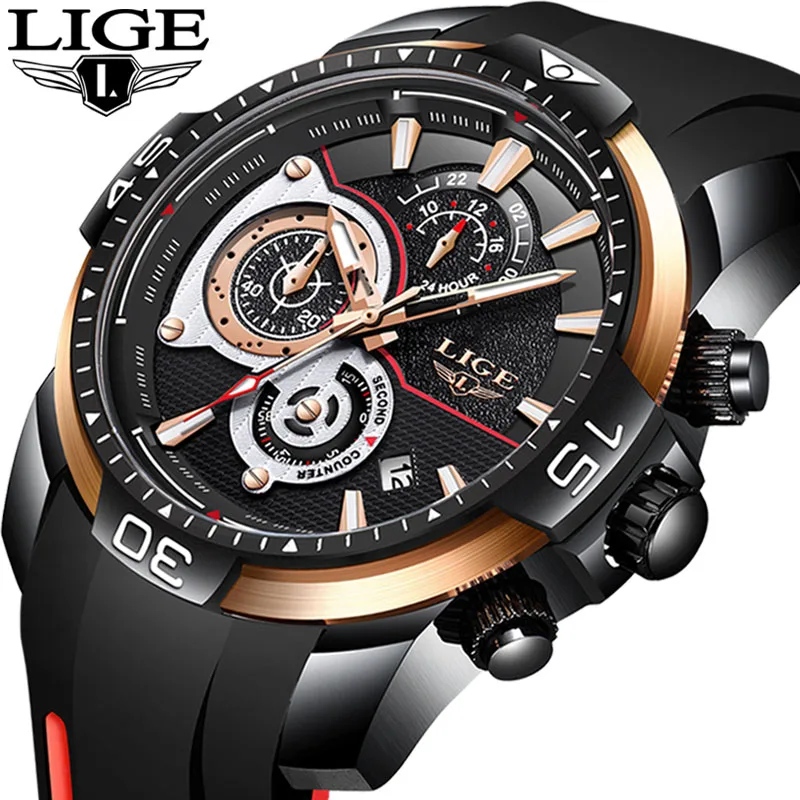 

LIGE Trend Mens Watches Multi-function Dial Casual Silicone Quartz Clock Sport Waterproof Watch Gold Watch Men Relogio Masculino