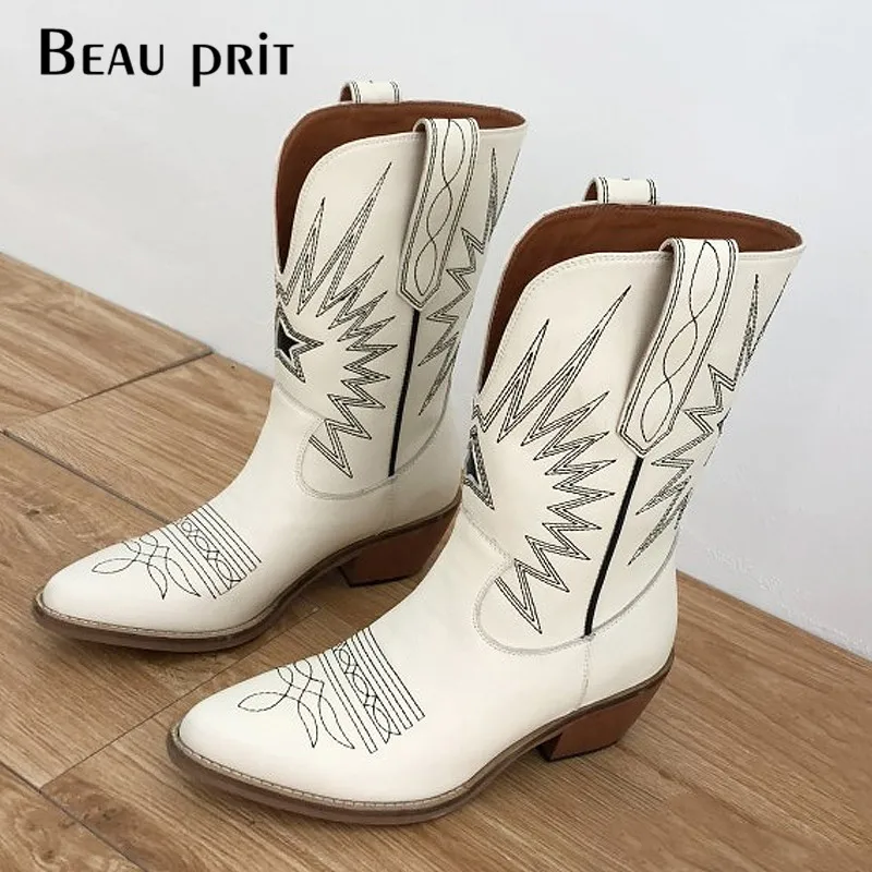 

Embroidered Cowboy Boots For Women White Black Ankle Boots Point Toe Mid Heel Wedges Leather Winter Boots With Plush