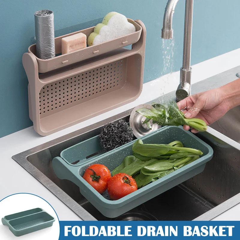 

New Foldable Drain Basket Vegetable Washing Rack Wall-mounted Kitchen Sink NE