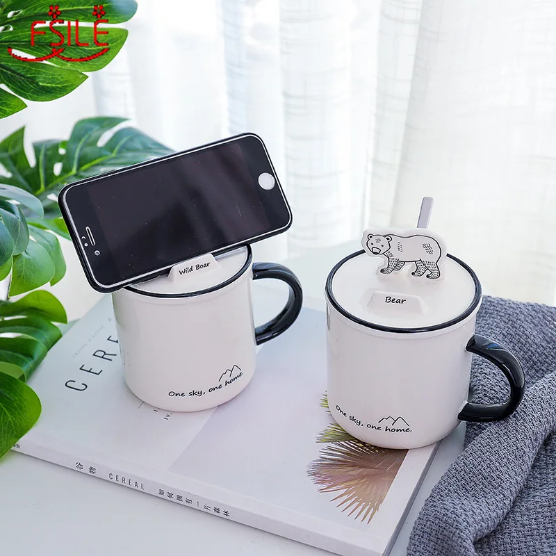

350ml FSILE Forest Animal Mobile Phone Holder Ceramic Creative with Lid with Spoon Mug Office Student Water Cup