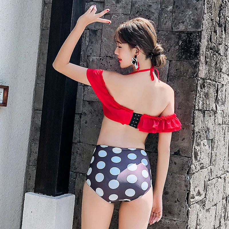 

2018 New Style Horizontal Neck Exposed Shoulder Black And White Dots Swimming Trunks Thailand Retro High-waisted Bikini Two-piec