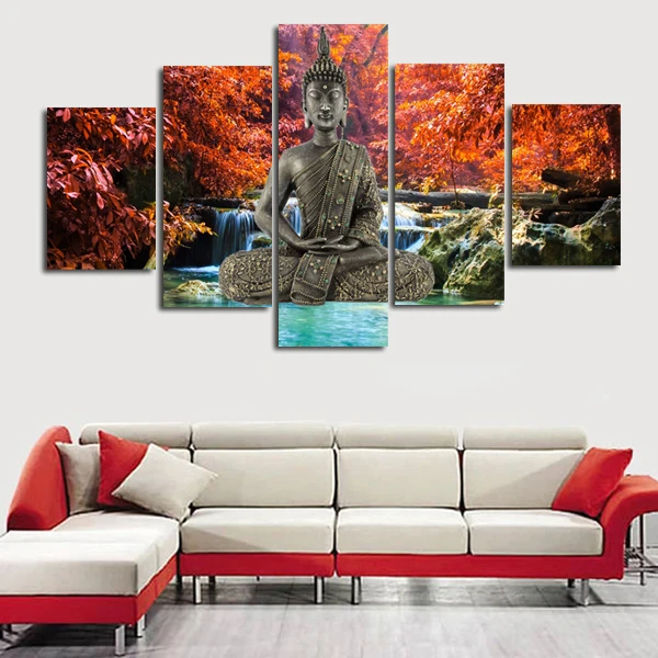 Full Square Round Diamond Painting 5 pcs,5D DIY Diamond Mosaic 3d Waterfall Autumn Landscape Buddha Statue round Embroidery set