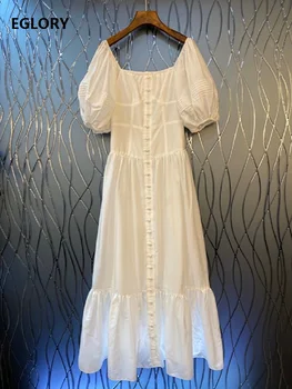 

Top Quality New 2020 Summer Long Dress Women Sexy Square Collar Tunic Button Deco Puff Sleeve Casual Beach White Long Maxi Dress