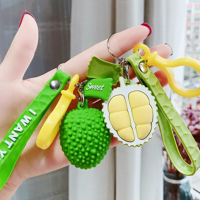 

2021 Rubber Key Ring Cute Kawaii Green Durian Keychain Rubber For Girls Car Bags Pendant Key Chain Women Accessories Wholesale