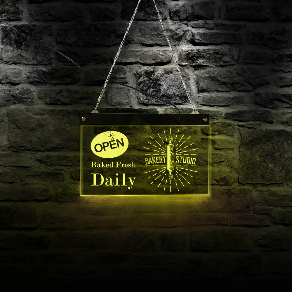 

Baked Fresh Daily Bakery Studio Hanging LED Neon Sign Bake Shop Open Sign With Custom Bakery Store Name Baker Kitchen Art Decor