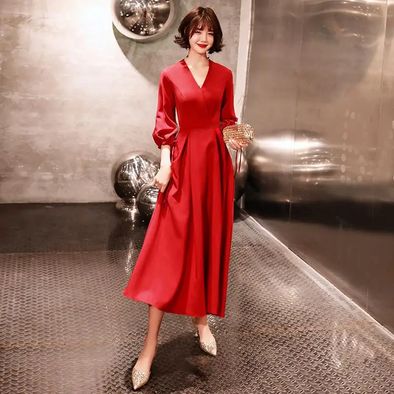 Красные женские Высокая Талия v-образным вырезом Вечерние платья модные класса люкс, раздел-вечерние платья Элегантное Длинное Платье на выпускной Винтаж бальное платье Vestido XS-3XL - Цвет: Red - A