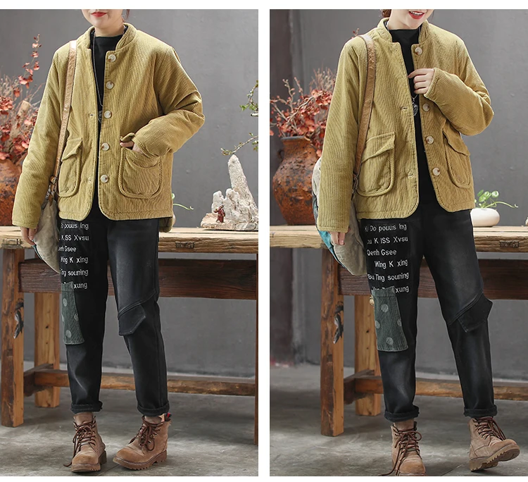 Corduroy Women Parkas Autumn Winter Big Size Cotton-padded Single-breasted Pockets Solid Color Women Warm Coat YoYiKamomo