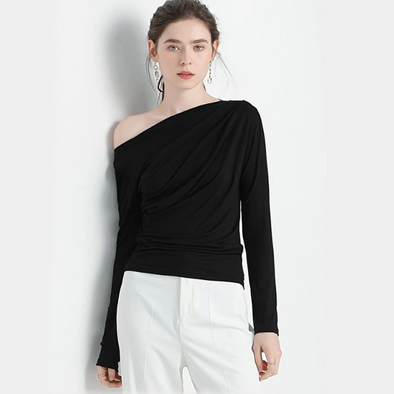 

Tshirt women long sleeve vintage t-shirts clothes 2020 inclined collar korean sexy basic t womens tops sexy hipster autumn sprin