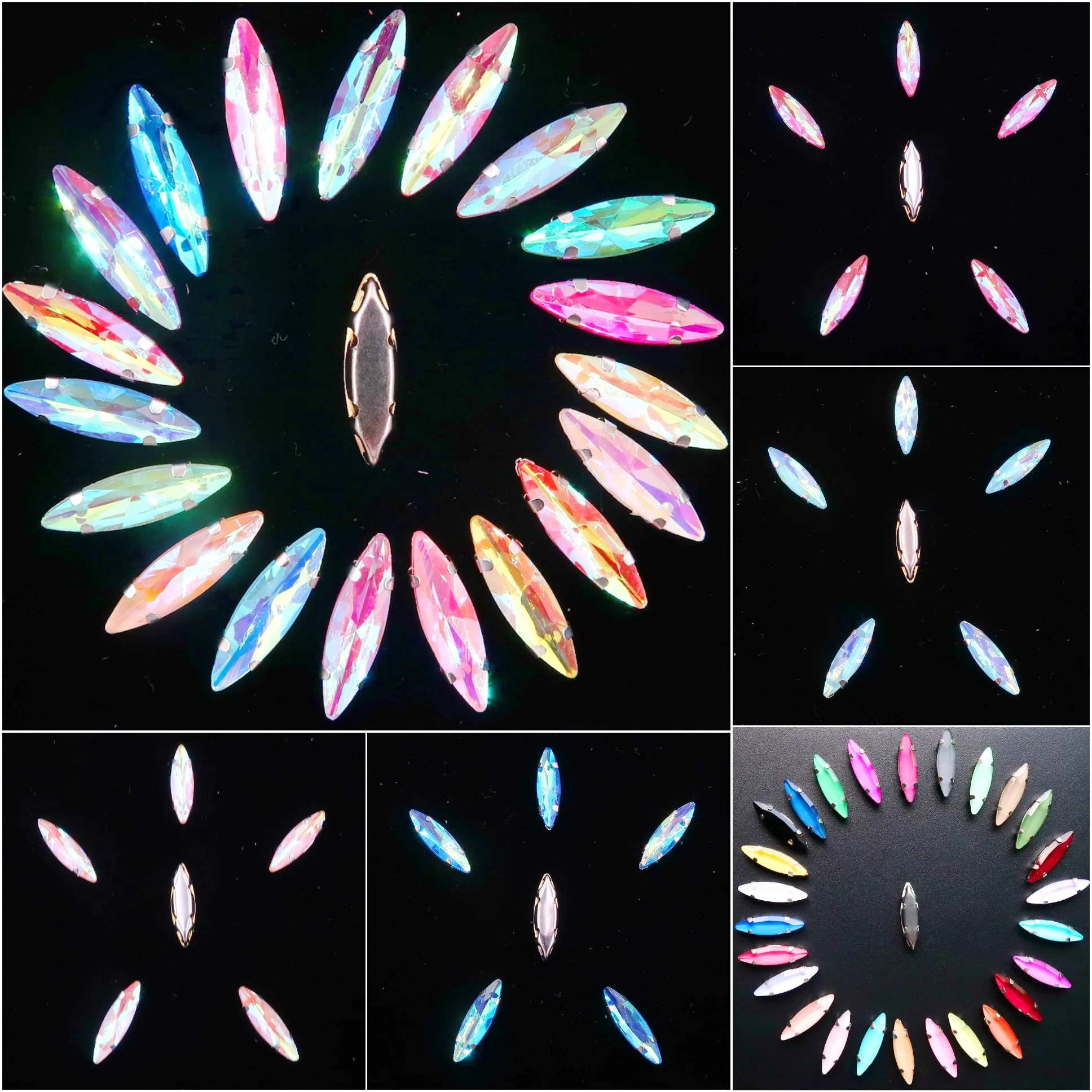

Silver claw settings 50pcs/pack 4*15mm jelly candy glass Crystal Navette Marquise shape Sew on rhinestone Crystals garments diy