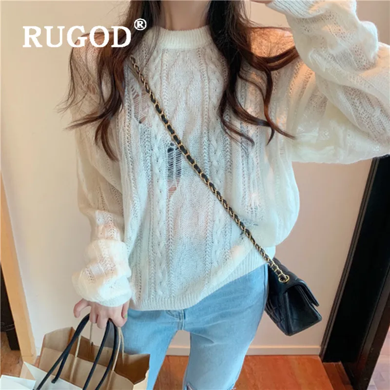 RUGOD, корейский, стиль, шикарный, полый пуловер, однотонный, круглый вырез, свободный, длинный рукав, свитер, зимние топы для женщин, мода