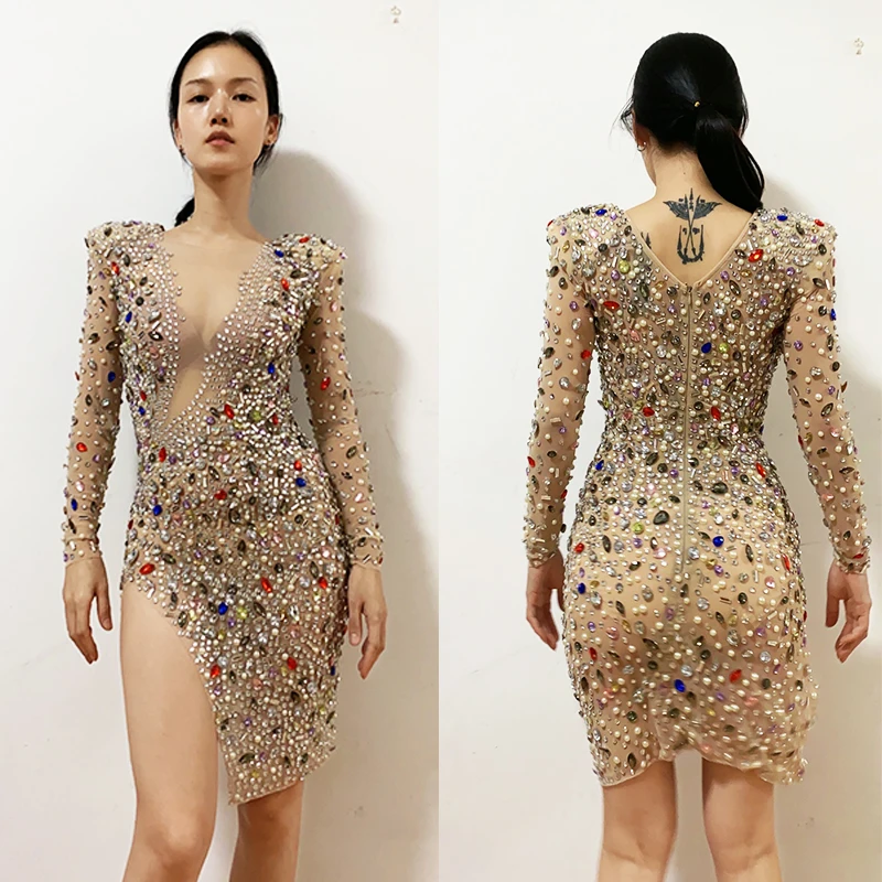 販売店 最強 豪華なカラフルなラインストーンメッシュ サイドスリット ショートドレス 女性 セレブ お祝い ワンピース 歌手のステージコスチューム 正規 店 通販 Signature Johaness Com