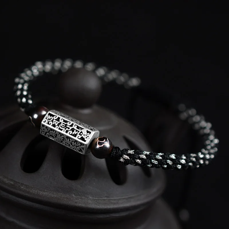 Online Handgemachte Seil Geflochtene 6 Worte Glück männer Armbänder Armreifen Vintage Männlichen 925 Sterling Silber Armband Geschenk Diy Schmuck