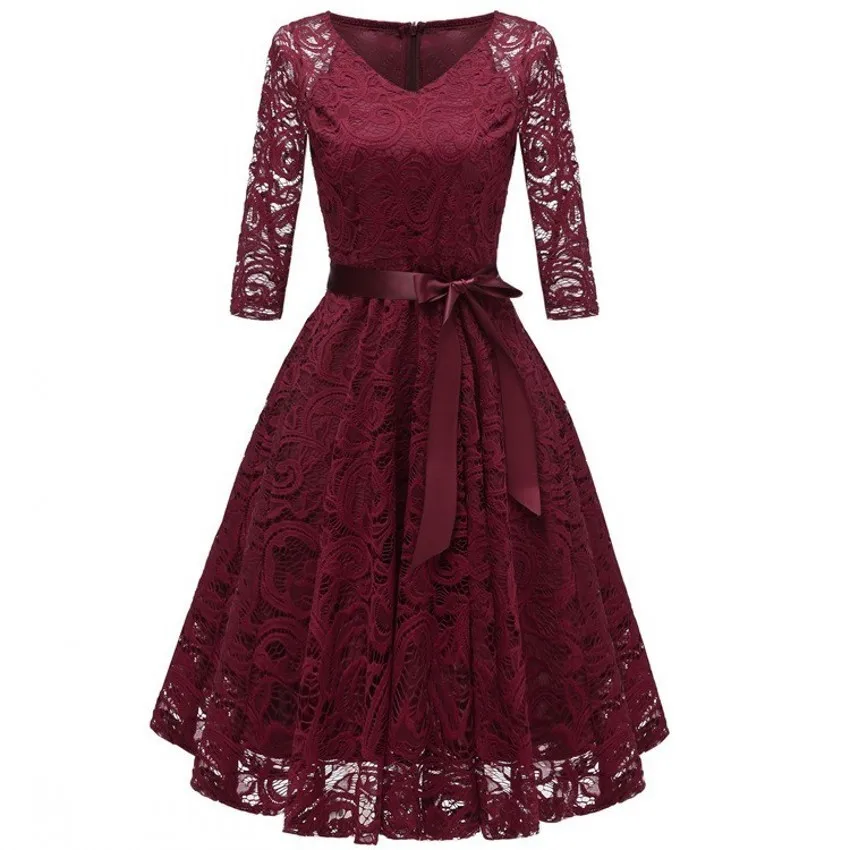 

Spring Autumn Lace Dresses 2019 Femme 3/4 Sleeve Sleeveless V-Neck Women Red Dress Hollow Out Female Robes Vestidos De Festa