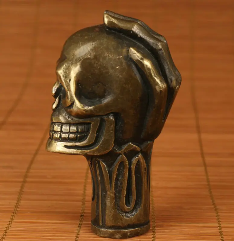 Old Bronze Hand Carved Skull antique Statue Cane Walking Stick Head 
