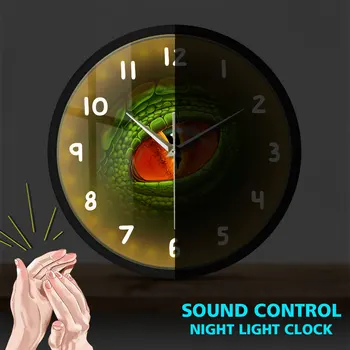 

Fantasy Gothic Style Sound Activated Light Emitting Wall Clock Green Dino Dragon Eye Night Lamp Dinosaur Eyeball Silent Watch