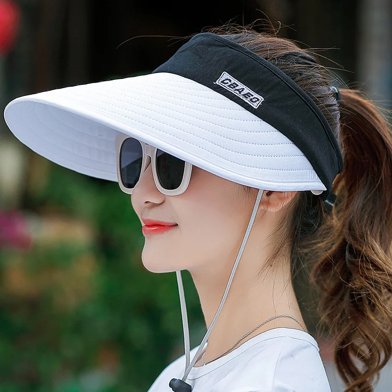2021 Simple Women Summer Sun Visor Wide Brim Hat Beach Hat Adjustable UV Protection Female Cap Packable 1