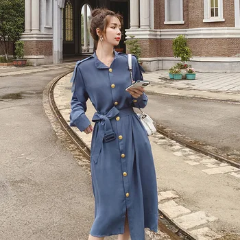 

Blue French Coat Dress Female Autumn 2020 New Style Mid-length Long Sleeve Elegant Slimming Hepburn Wind Long Skirts
