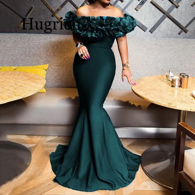 

Women 2020 Summer Dress Off-The-Shoulder Ruffles Patchwork Slash Neck Mermaid Party Dinner Elegant Evening Black Maxi Dress