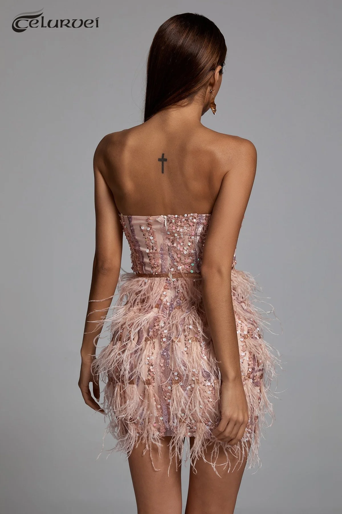FREE SHIPPING Laila Pink Sequin Feather Mini Dress JKP4835