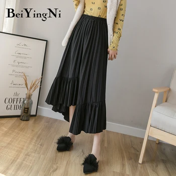 

Beiyingni Pleated Skirt Women Korean Casual Vintage Irregular Midi Skirts Lady Patchwork White Black 2019 Fashion Elegant Skirt