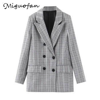 

Miguofan women plaid blazers jackets double breasted blazer pockets vintage long sleeve coat female vintage office outwear coats