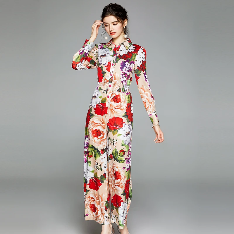 2020 New Runway Designer Autumn Rompers Turn Down Neck Long Sleeve Elastic Waist Floral Print Playsuits Women Long Jumpsuits