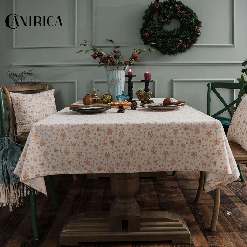  CANIRICA Christmas Tablecloth Linen Gold Tablecloth For Home Kitchen Dining Table Cover Green Mante