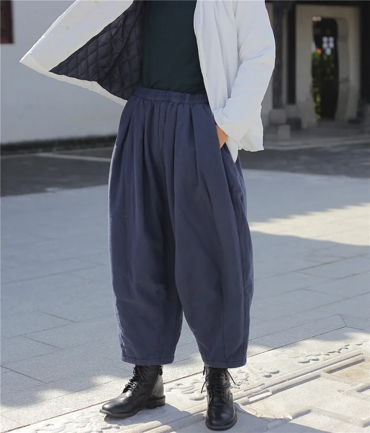 Extra Loose Casual Thick Quilted Women Wide Leg Cotton Linen Pants, Wine Red Navy Blue Black Winter Plus Size Lady Warm Trousers