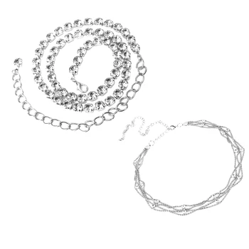 

2Pcs Women Spankle Rhinestones Waistband Belt High Waist Hip Mental Chain Link Silver Belts Body Chain or Necklace & Dress Decor