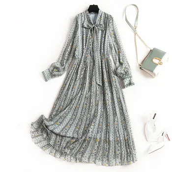 

European Fashion 2020 Spring Plus Size Bow Tie Collar Long Sleeves High Waist Floral Printed Pleated Chiffon Maxi Dress Women