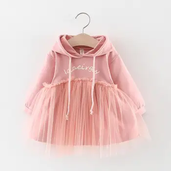 

2019 Autumn Infant Girls Long Sleeve Hooded Letter Patchwork Mesh Kids Tutu Dress Casual Baby Dresses vestidos