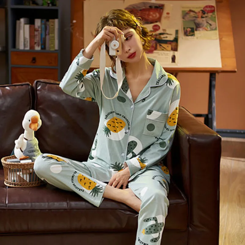 

New Pajama women's spring and autumn thin long sleeve pure cotton sweet lovely home clothes suit summer cardigan pineapple