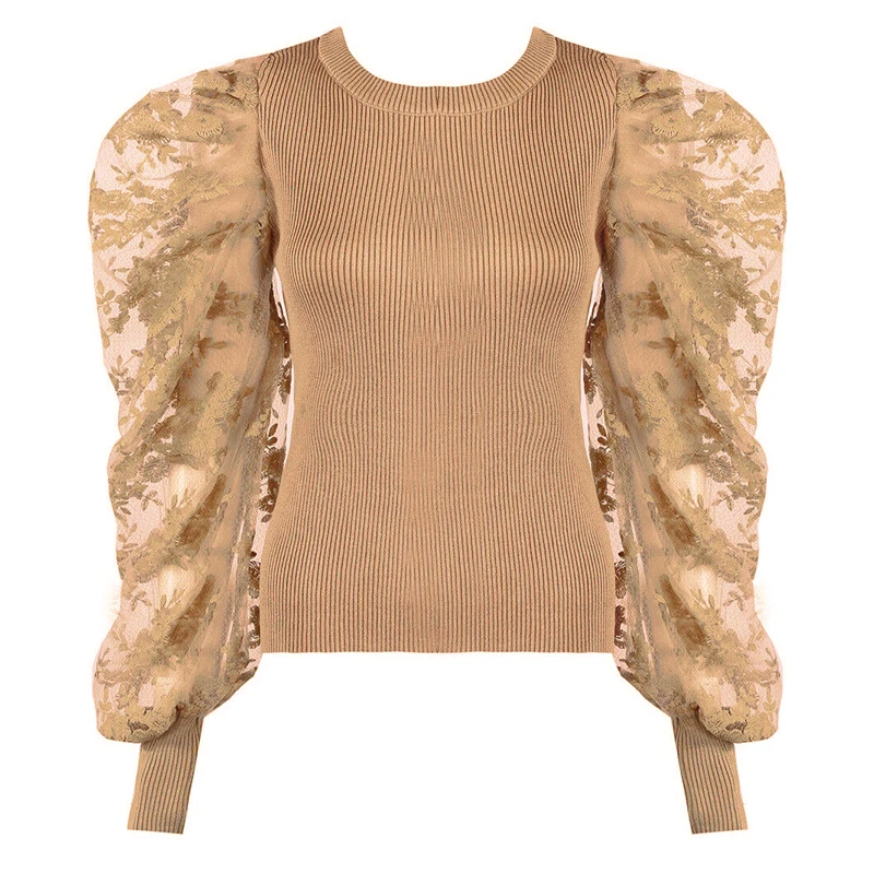 Puff Sleeve Knitwear Mesh Transparent Pullover Autumn Women Polka Dot Winter Top Knitted Turtleneck Sweater Woman Winter Jumpers