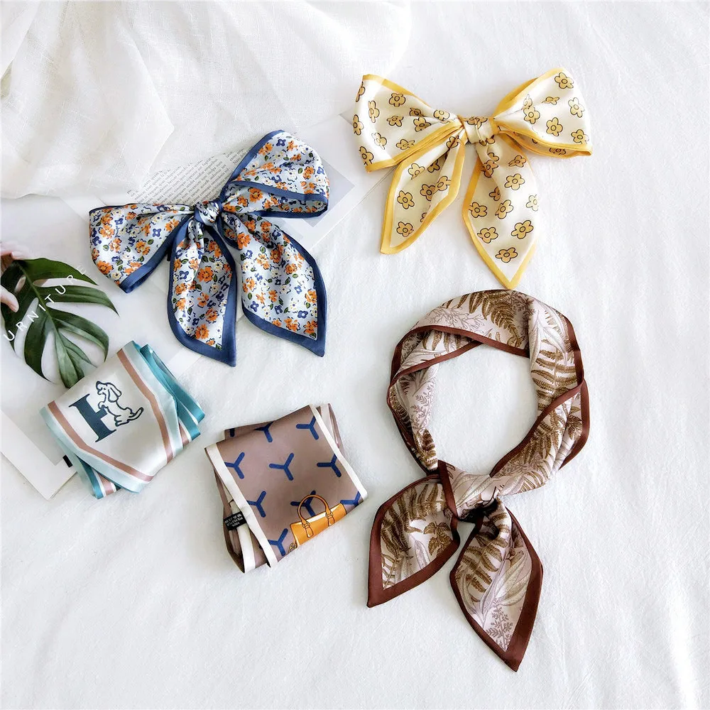

2020 New Spring Summer Women's Silk Stain Hair Head Scarf Stole Female Animal Dog Floral Print Handle Bag Scarfs Handkerchief