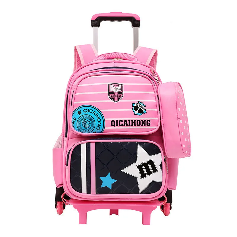 6 wheels pink Новинка года для мальчиков и девочек, школьный рюкзак на колесиках, сумки для книг, рюкзаки, съемные детские школьные сумки, 2/6 колесиков, поднимаются по ступенькам - Цвет: 6 wheels pink