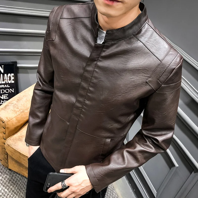 Autumn New Style Stand Collar Leather Coat Men's Slim Fit Korean-style Thin MEN'S Leather Jacket PU Leather MEN'S Coat
