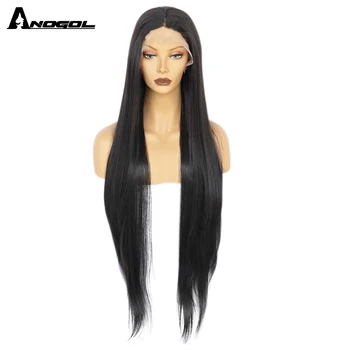 

Anogol 42 Inch Long Straight Black Synthetic Part Lace Wigs Middle Part High Temperature Fiber Hair Wig for Women
