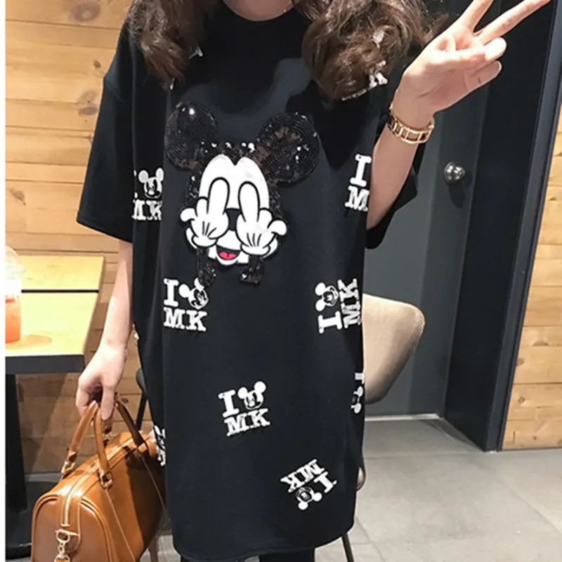 

XL-5XL runway T shirt dress sequines tee casual mickey cartoon print women tshirt femme tops oversize black T-shirt large size