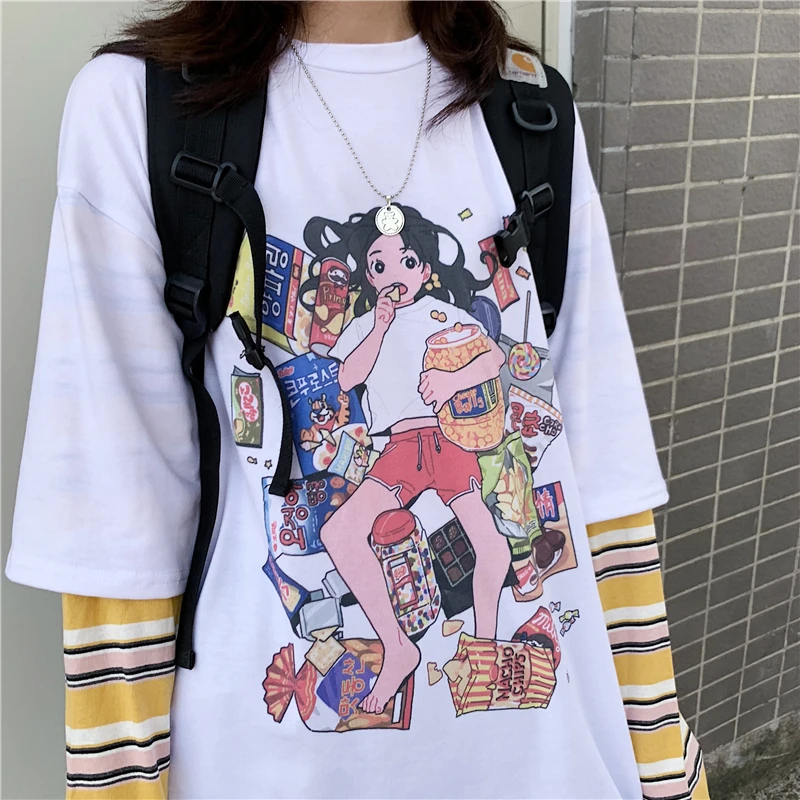 Корейская женская Винтажная футболка с забавным мультяшным принтом ins Harajuku с длинными рукавами, модная свободная повседневная женская футболка с круглым вырезом